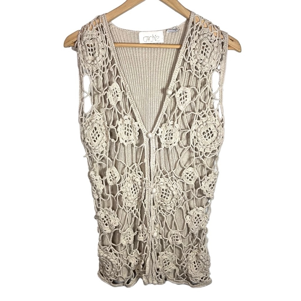 Vintage Caché Bohemian Hippie Crochet Beige Button Up Vest Size Small